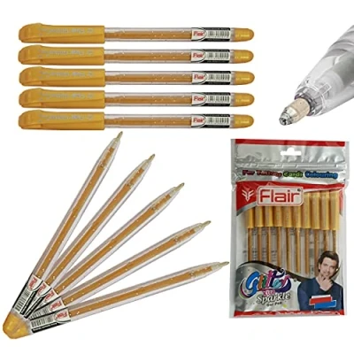 Image of FLAIR Glitter Xtra Sparkle Gel Pens, GOLD, 1.0mm Medium Point, Pack of 10, Colour Sketch Draw Doddle Journal Use, PATEL Black Ball Pen
