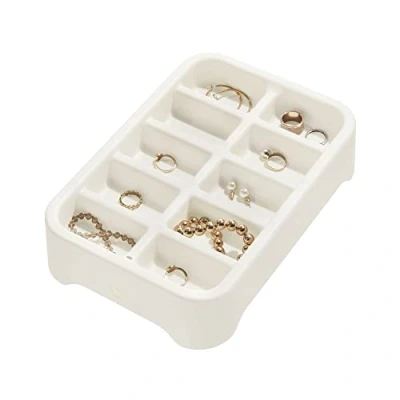 Image of iDesign Box, Divided Storage Tray Insert with 10 Compartments Made of BPA Free, Recycled Plastic, Drawer Organiser for Jewelry and Accessories, White, Coconut, 6.4 x 19.2 28.1 cm
