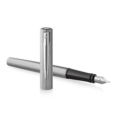 Image of Waterman Allure Fountain Pen Stainless Steel Brushed Chrome Fine Nib Black Ink Gift Boxed