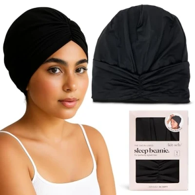 Image of Kitsch Satin Hair Bonnet for Sleeping,Softer Than Silk Sleeping,Satin Wrap Sleep Cap &amp; Cap,Sleeping Bonnets Women (Black), Black, One Size