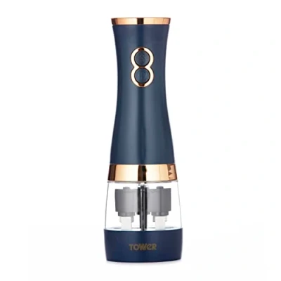 Image of Tower T847004MNB Electric Salt and Pepper Mills, Battery Operated with Adjustable Ceramic Grinders, Midnight Blue Rose Gold