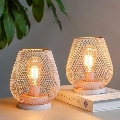 Image of TRIROCKS Set of 2 Metal Battery Operated Lamp 17cm Tall Cage Shape Cordless Table Lanterns with LED Edsion Bulb for Patio Garden Wedding Parties Indoor Outdoor(Pink)