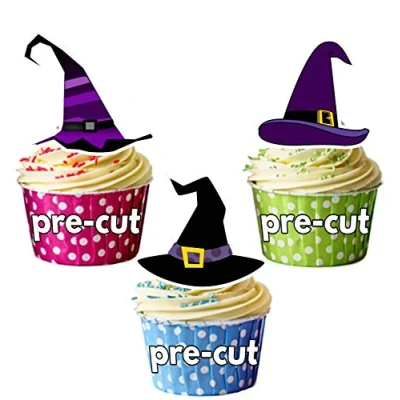 Image of AK Giftshop PRE CUT Halloween Purple and Black Witches Hats Edible Cupcake Toppers/Cake Decorations (Pack of 12)