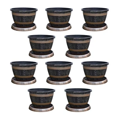 Image of Stylish garden Patio Pot with Saucer for Plants Wooden Barrel Effect design Made of durable plastic 39cm and by Thompson Morgan (10)