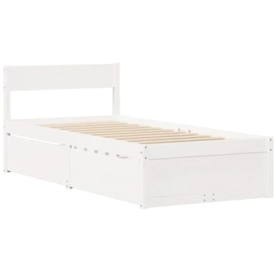 Image of vidaXL White Pine Wood Single Bed Frame with Drawers Solid Base, 203.5 x 93.5 30 cm, Includes Wheels, Fits 90x200 cm Mattress