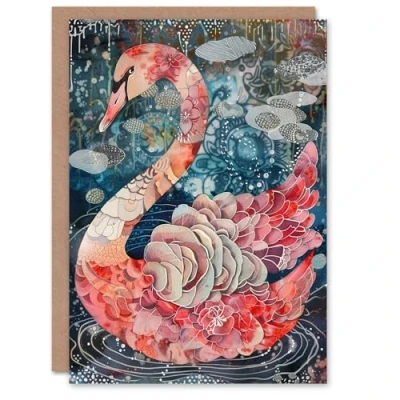 Image of Artery8 Abstract Pink Flower Swan Artwork Enchanted Lake Greeting Birthday Card Him Her All Blank