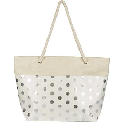 Image of styleBREAKER Ladies XXL Large beach bag with metallic dot pattern and zipper, shoulder bag, shopper 02012342, Colour:Beige Silver