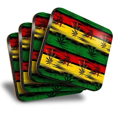 Image of Destination Vinyl ltd Great Coasters (Set of 4) Square Jamaican Flag Cannabis Pattern Drink Glossy Coasters/Tabletop Protection for Any Table Type #16551