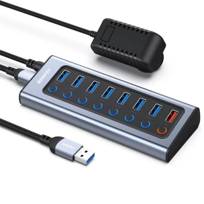 Image of 【New For 2024】BENFEI Powered USB Hub With Power Adapter, 8 Port Splitter Hub(7 Faster Data Transfer Ports + 1 Smart Charging Port) Individual LED On/Off Switches