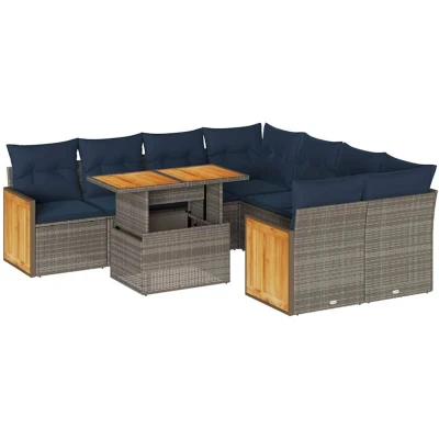 Image of Vidaxl 9 Piece Garden Sofa Set with Cushions Grey Poly Rattan Acacia
