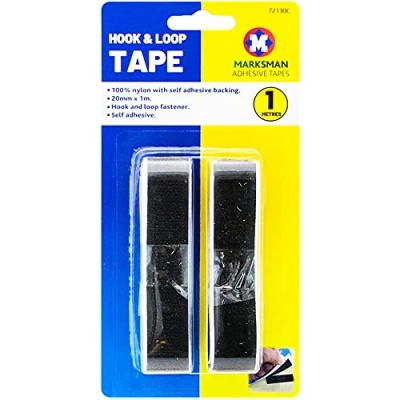 Image of 20mm Wide MARKSMAN HOOK &amp; LOOP Tape Self Adhesive Strip 1M Heavy Duty White Or Black Sticky Backing Fastening Reusable Sewing Fabric Kit Home Kitchen School Office DIY Sealers UK (Black)