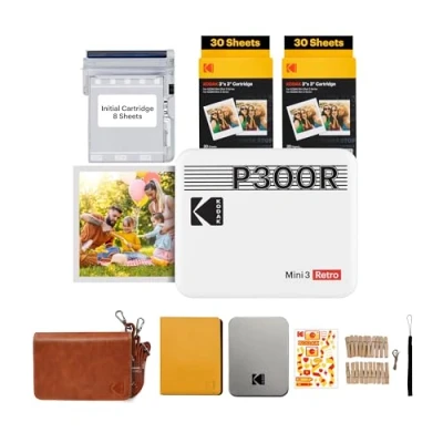 Image of KODAK Mini 3 Retro Portable Photo Printer, Fast Printing, HD Photo, 54 x 86 mm, Bluetooth, Compatible with iOS and Android, Pack of 68 Sheets, White