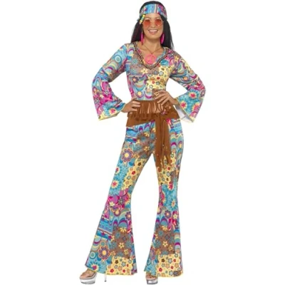 Image of Smiffys Hippy Flower Power Costume, Multi Coloured with Top, Trousers, Headband and Belt, 1960&#039;s Groovy Fancy Dress, Adult Dress Up Costumes