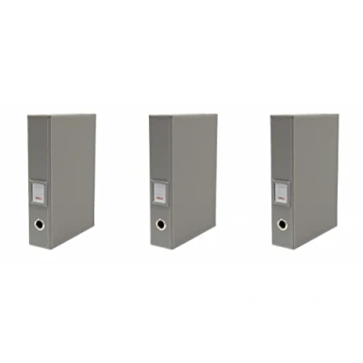 Image of OSCO Grey Faux Leather Box File 3 Pack Document Storage Paperwork Archive Lock Spring Secured with Fastening Stud H37.5 x W8 D26.5 cm