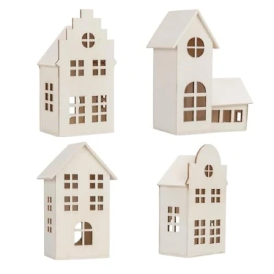 Image of Ideen mit Herz Decorative Wooden Miniature Houses Natural 4 Sizes House with Opening Light Pack of
