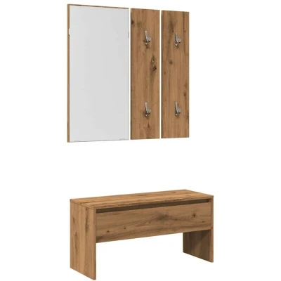 Image of vidaXL Artisan Oak Hallway Furniture Set Bench, Mirror, Coat Rack Engineered Wood Modern Entryway Storage