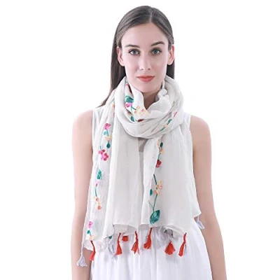 Image of Lina &amp; Lily Embroidered Floral Tassel Scarf Shawl Lightweight (White)(Size: 180cm x 90cm)