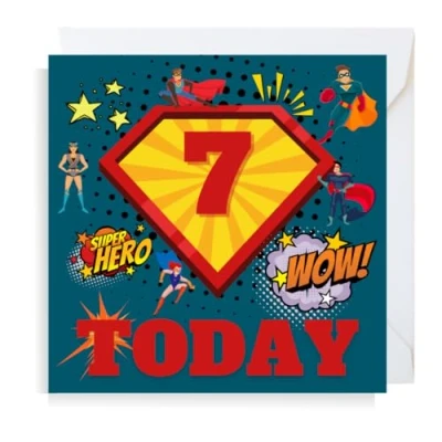 Image of Second Ave Superhero 7th Birthday Age 7 Square Children&#039;s Kids Greeting Card for Boy or Girl