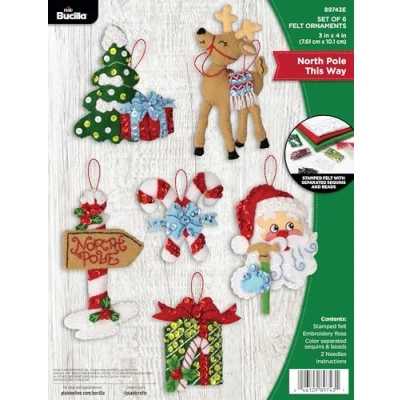Image of FolkArt, North Pole This Way, Bucilla Felt Applique 6 Piece Ornament Making Kit, Perfect for DIY Arts and Crafts, 89743E