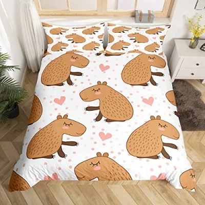 Image of Manfei Capybara Duvet Cover Set Single Size, South America Fauna Comforter with 1 Pillowcase, Pink Hearts Dots Print Bedding 2pcs for Kids Boys Girls Room Decor Lightweight Bedspread