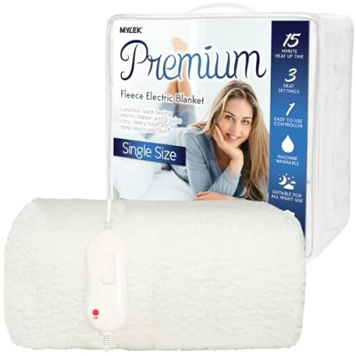 Image of MYLEK Electric Blanket Single Bed Fleece Fitted Heated Mattress Cover Underblanket Elasticated Skirt Size 200 x 107 40cm Overheat Protection Fast Heat Up Time Machine Washable