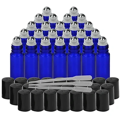 Image of BELLE VOUS Blue Rollerball Perfume Bottles (24 Pack) 10ml Oil Roller Glass with Droppers Roll on for Essential Oils &amp; Aromatherapy