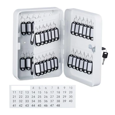 Image of Relaxdays Lockable Key Box, Wall Mounted Cabinet, 48 hooks, with Rings, HxWxD: 25 x 18 8 cm, Secure Safe, White, Iron