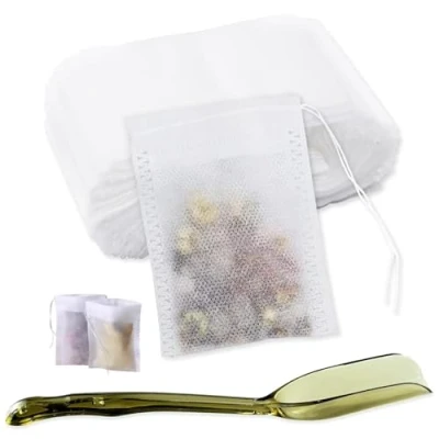 Image of 100 Pcs Disposable Tea Filter Bags, Drawstring Seal Bags Empty Infusers with Plastic Shovel for Loose and Coffee, Cooking, Spices Storage, White