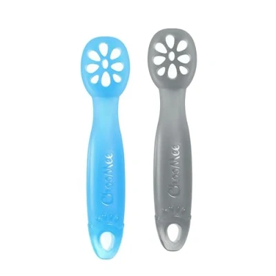 Image of ChooMee Baby Spoons, FlexiDip Led Weaning Dip and Catch Purees Pediatrician Approved Stage One Learning Utensil, 100% Silicone Chew Friendly Material, BPA Free 2 CT Blue Grey