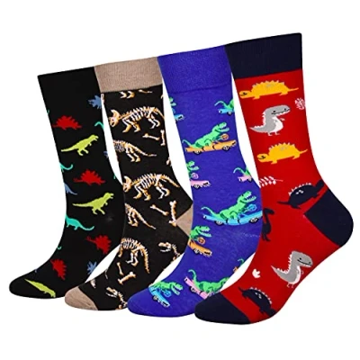Image of Cansok Men&#039;s Animal Funky Novelty Dress Crew Socks (Dinosaur 4 pairs)