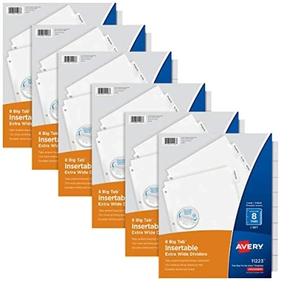 Image of Avery Extra Wide Big Tab Insertable Dividers for 3 Ring Binders, 8 Sets, White Paper, Clear Tabs, Works with Sheet Protectors, 6 Sets (11254)