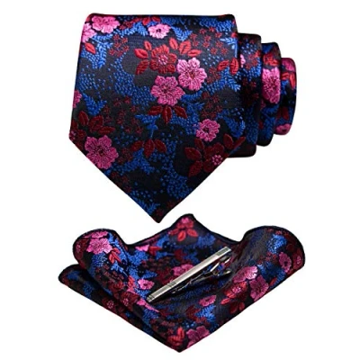 Image of JEMYGINS Mens Floral Ties and Pocket Square Sets with Tie Clip Available, Red/Pink/Blue, M