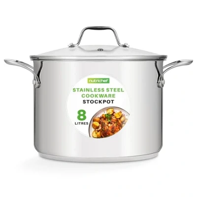 Image of NutriChef 8 Quart Stainless Steel Stock Pot 18/8 Food Grade Heavy Duty Induction Pot, Stew Simmering with See Through Lid NCSP8