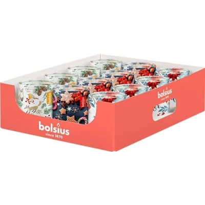 Image of Bolsius Scented Candles in Glass with Print 12 pack 23 Burning Hours Various Fragrances Christmas Decoration Palm Oil Free