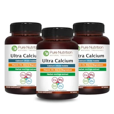 Image of Pure Nutrition Ultra Calcium Citrate 1000mg Highly absorbable Supplement with Malate,Vitamin D,Zinc and Magnesium 1 Tablet Daily (90 Veg Tabs) Non GMO Gluten Free (Pack of 3)