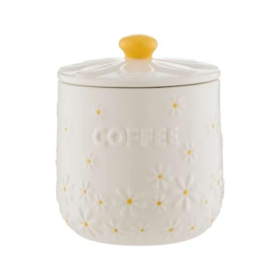 Image of Price &amp; Kensington Daisy Coffee Storage Jar 700ml Airtight Ceramic Canister Embossed 3D Lid with Hand Painted Yellow Handle Cream Glaze Kitchen Container