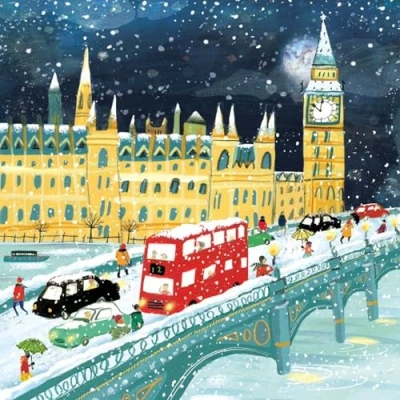 Image of Museums &amp; Galleries Pack of 8 Artistic Charity Christmas Cards Snowing in London Lovely Winter Scene Illustration by Clair Rossiter 1 Design, Multi, 123 x 123mm