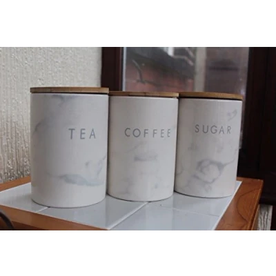 Image of SET OF 3 MARBLE EFFECT GLOSSY CERAMIC TEA COFFEE SUGAR STORAGE JARS CANISTERS