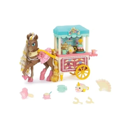 Image of Jakks Pacific Wild Manes Horse Toys for Girls, Cherie Toy with Articulated Front Limbs, Gold Mane, Tea &amp; Treats Carts, Macaron and Set, Great Gift Suggested Ages 3+