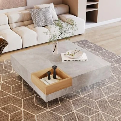 Image of Merax Coffee Table with Removable Storage Box, Unique Color Matching, Living Room Side Table, Modern Square 72x72x30cm, Concrete Grey and Wood