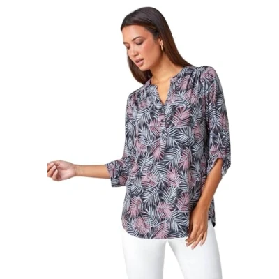 Image of Roman Originals Shirt for Women UK Ladies Top Collarless Blouse Stretchy Tunic Smart Casual Autumn Winter Jersey 3/4 Length Sleeve Notch V Neck Flattering Office Work Red Grey Size 10