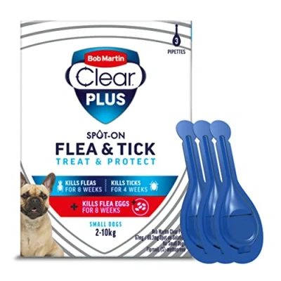 Image of Bob Martin Clear Plus Spot On Flea Treatment for Small Dogs (2 10kg) Kills Fleas, Ticks, Lice and Eggs (3 Pipettes)