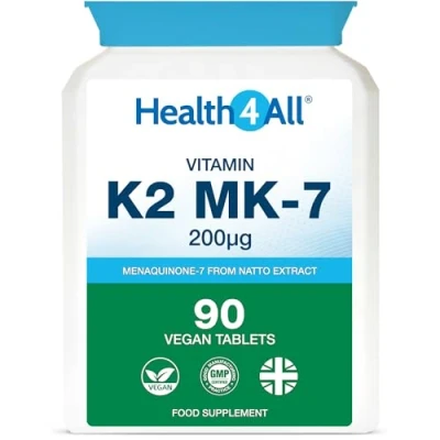 Image of Health4All Vitamin K2 mk7 200mcg 90 Tablets (V) Natural Vegan from Natto Beans Fermentation. High Strength k2mk7 (not Capsules) Supplements. VIT