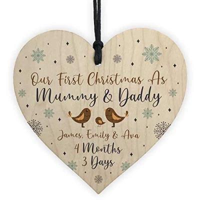 Image of RED OCEAN First Christmas as Mummy Daddy Wood Tree Bauble Personalised Babys 1st Xmas Gift Decor
