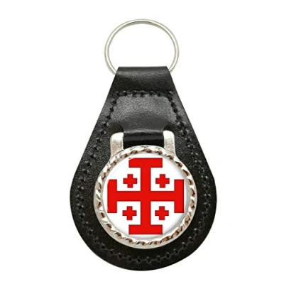 Image of Giftshop UK Jerusalem Cross (Holy Sepulchre) Leather Key Fob
