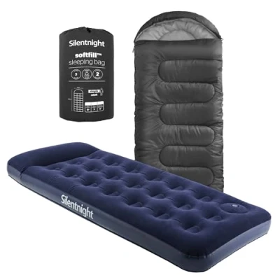Image of Silentnight Airbed and Sleeping Bag Inflatable Single Air Bed Camping Mattress with Built in Foot Pump for Adults Bundle, Black