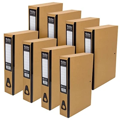 Image of Pukka Pad, Recycled Card Paperboard Box Files for School and Office Document Organisation Pack 8 with Thumb Pull Spine Labels Kraft