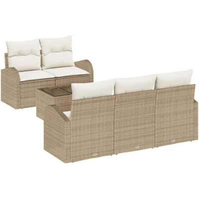 Image of vidaXL 6 Piece Garden Sofa Set with Cushions Beige Poly Rattan