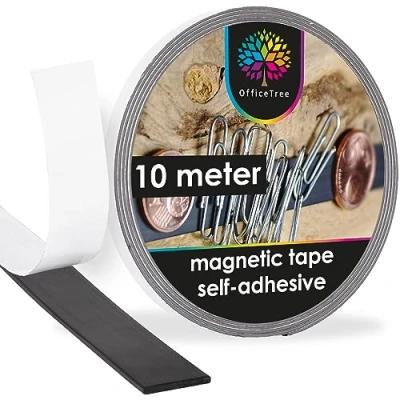 Image of OfficeTree Magnetic Strips Self Adhesive Tape 10 m Magnets for Securing Posters, Photos and Paper to The Wall Whiteboards, Magnet Boards Black