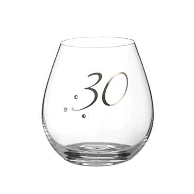 Image of DIAMANTE Swarovski 30th Birthday Stemless Wine Gin Glass Single Crystal with Platinum 30 Embossed and Crystals Gift Boxed